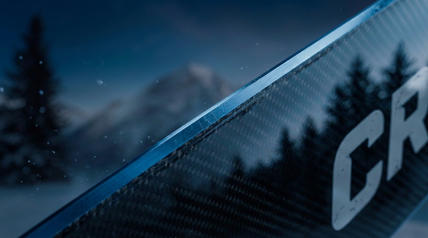 Close-up of the polished carbon fiber snowboard edge.