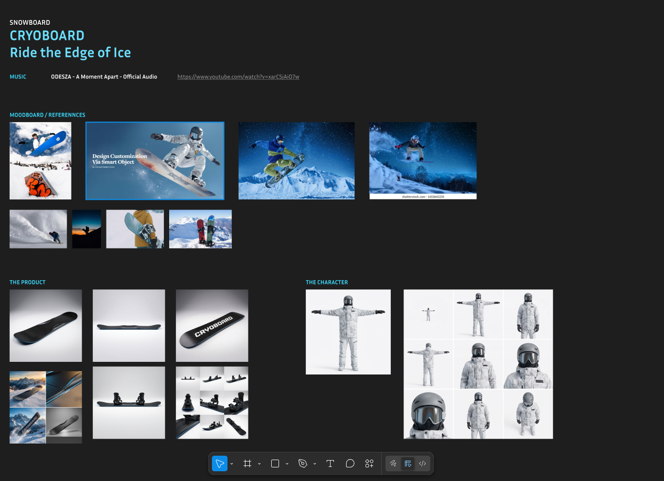 Cryoboard Figma moodboard showing references, product studies, and character direction.