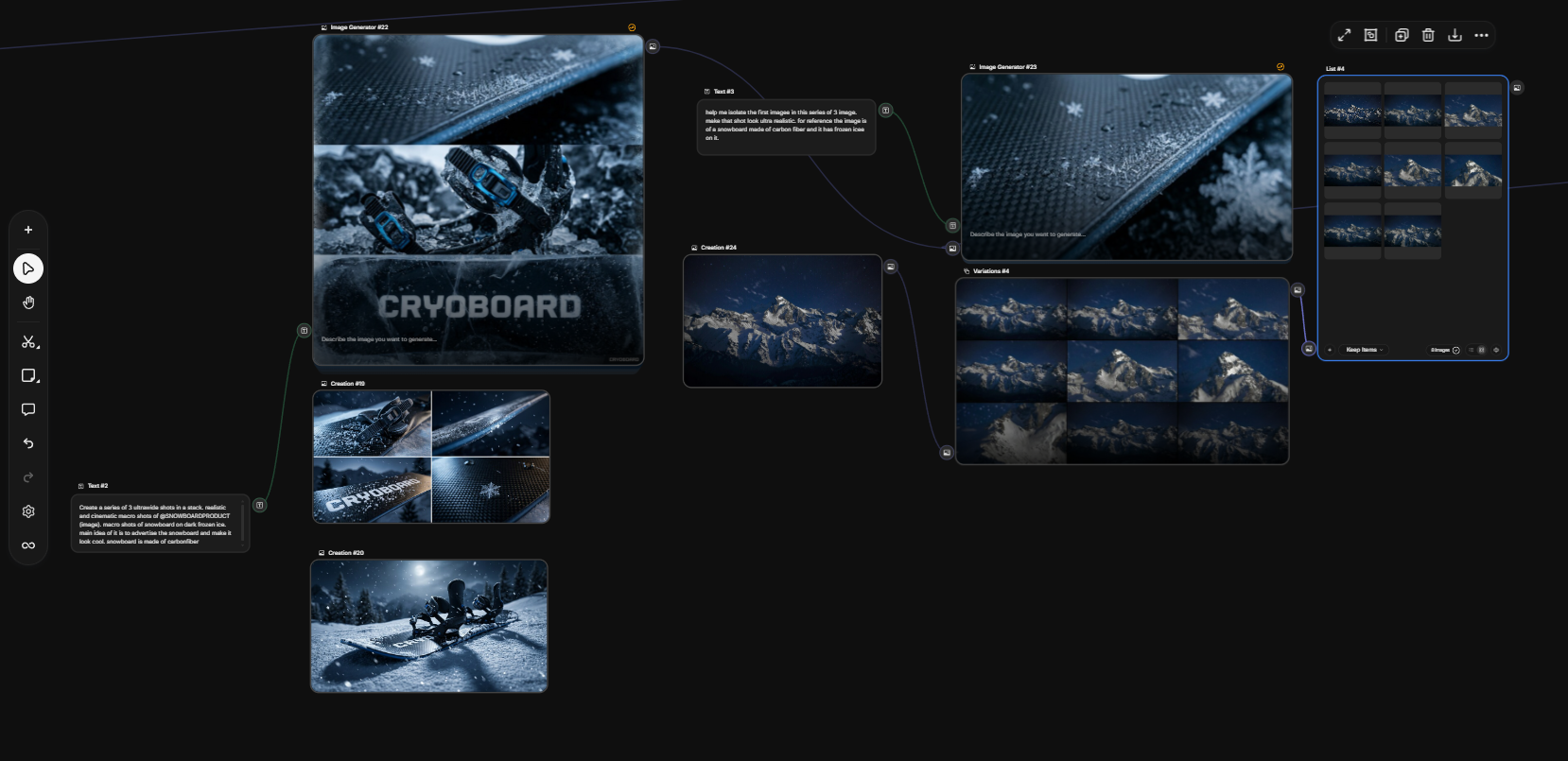 Cryoboard moodboard and image generation workflow used to shape the video direction.