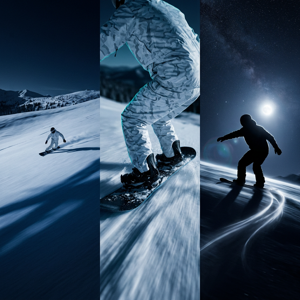 Wide CRYOBOARD riding shot on an alpine slope.