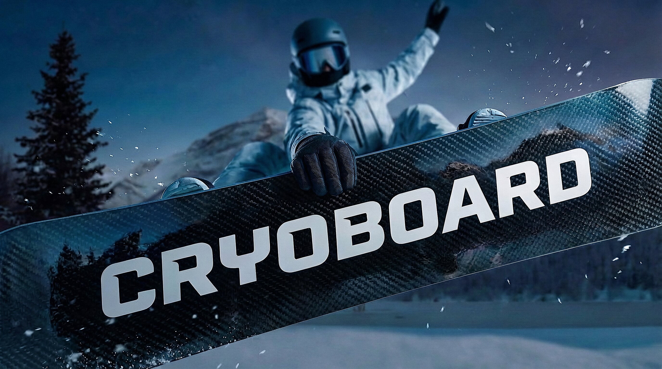 Snowboard rider carving at speed with snow spraying behind.